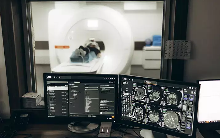 radiologist consults patient before undergoing diagnostics using magnetic resonance imaging machine medical center patient getting recommendations from doctor before tomography proced